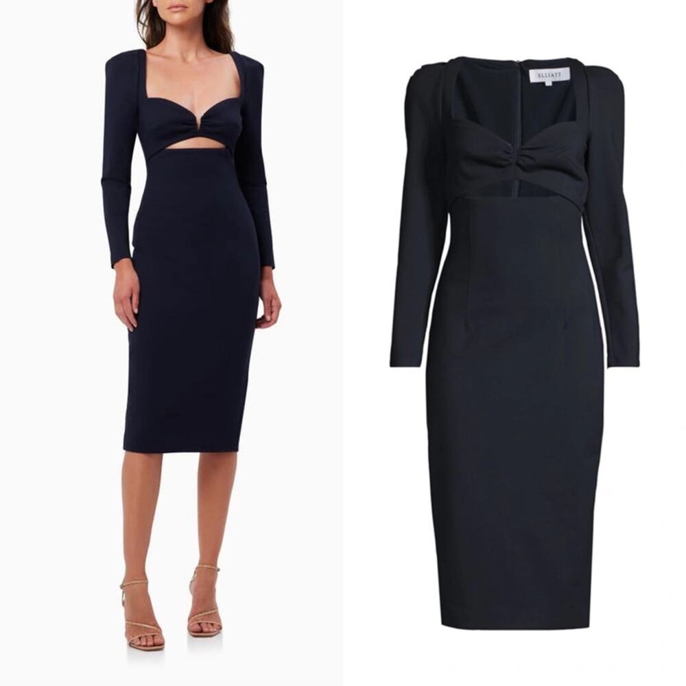 Elliatt Scarlette Navy Cutout Neck Long Sleeve Sheath Bodycon Midi Dress XS